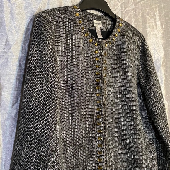 Chico’s tweed long jacket, SZ 3, XL hook closures,rhinestone embellishment, GUC - Picture 8 of 13